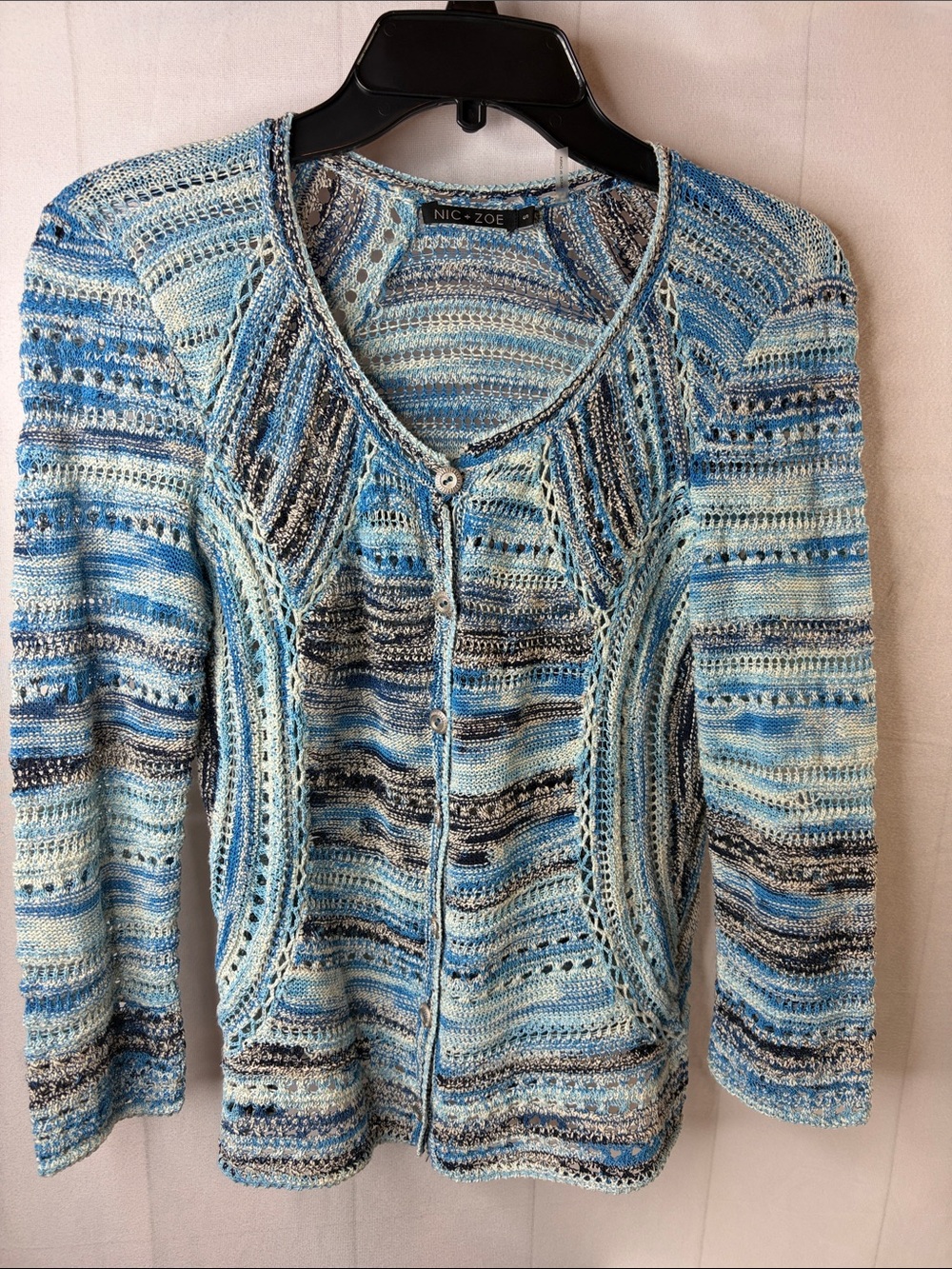 NIC+ZOE Blue Multicolor Open Knit Button Front Cardigan Sweater Small